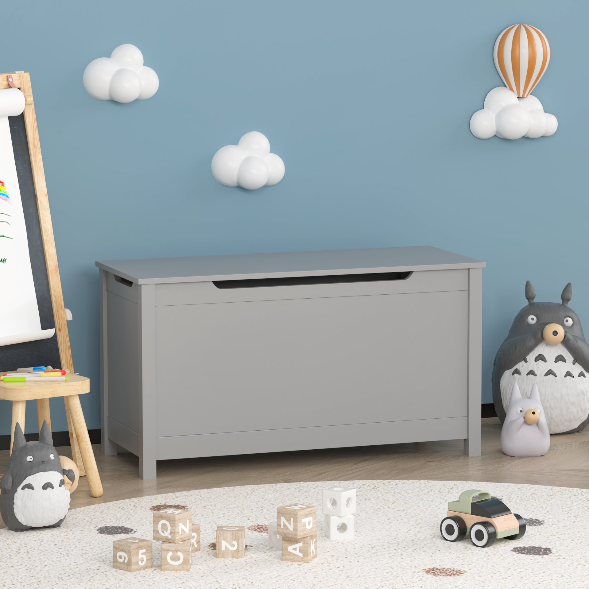 Kids Wooden Toy Box Storage With Safety Hinged Lid For Ages 2+ - Gray - Image 7