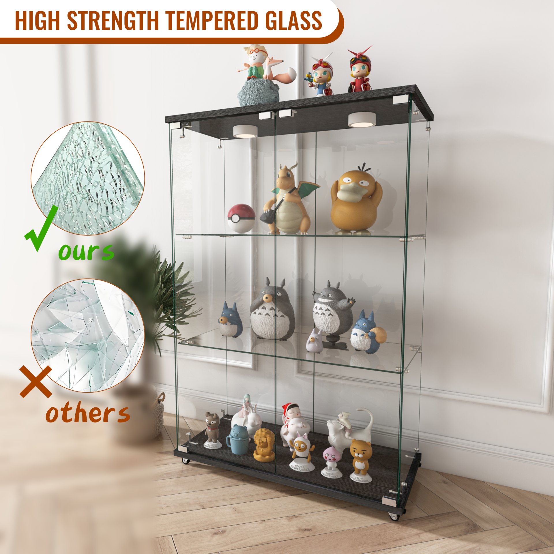 Modern Display Cabinet With LED Lights, Tempered Glass 2 Door Storage Case With 3 Shelves For Living Room Or Bedroom - Transparent - Image 11