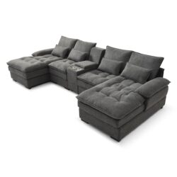 U Shaped Sofa With Console And Cupholders, 6 Seat Upholstered Sleeper Couch Set - Gray