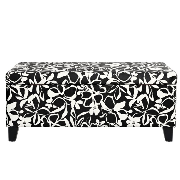 Luxury Storage Ottoman With Floral Patterned Fabric, Soft Close Hinges, Multi Functional Footrest & Seat - Black Floral / White