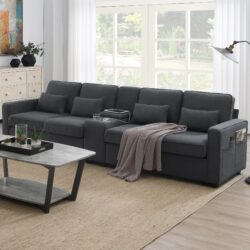 Upholstered Sofa With Console, 2 Cupholders And 2 USB Ports Wired Or Wirelessly Charged, Modern Linen Fabric Couches With 4 Pillows (4 Seat) - Dark Gray
