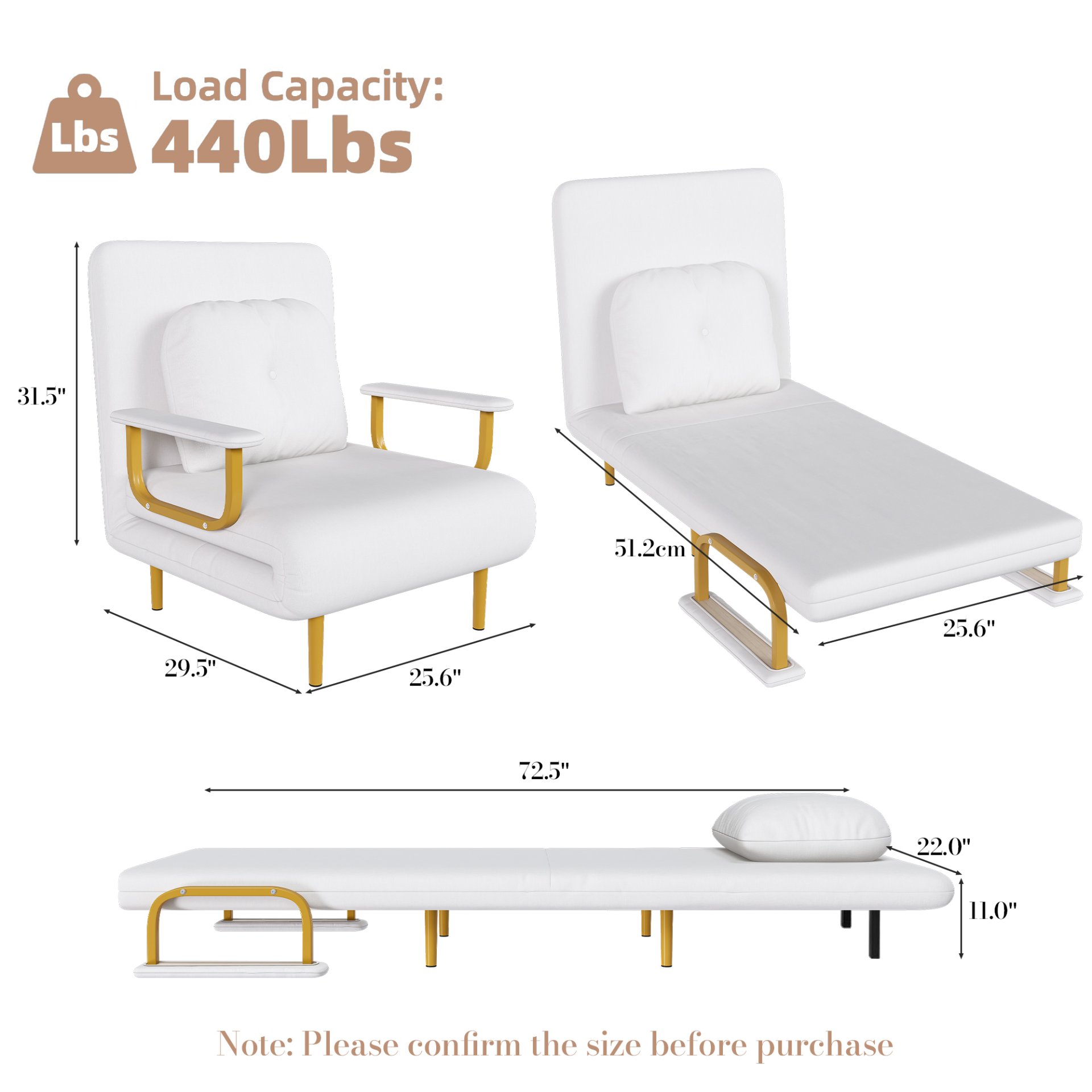 3 In 1 Convertible Folding Sofa Bed With Adjustable Backrest And Pillow - White - Image 3