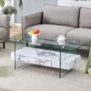 Modern 2 Tier Coffee Table With Clear Tempered Glass And Marble Texture Multifunctional Storage Design - Transparent / White - Image 2