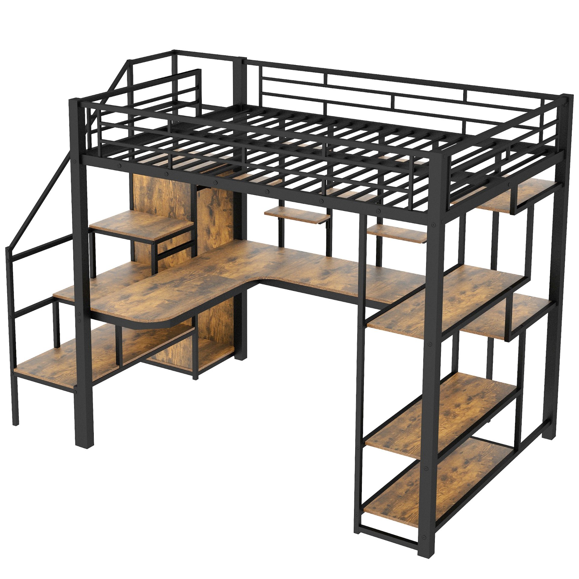 Full Size Metal Loft Bed With Storage Staircase And Small Wardrobe, Built - In Desk And Storage Shelves - Black - Image 10