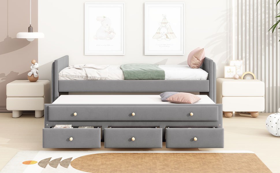 Twin Size Upholstered Daybed With Twin Size Trundle And Drawers - Gray - Image 22