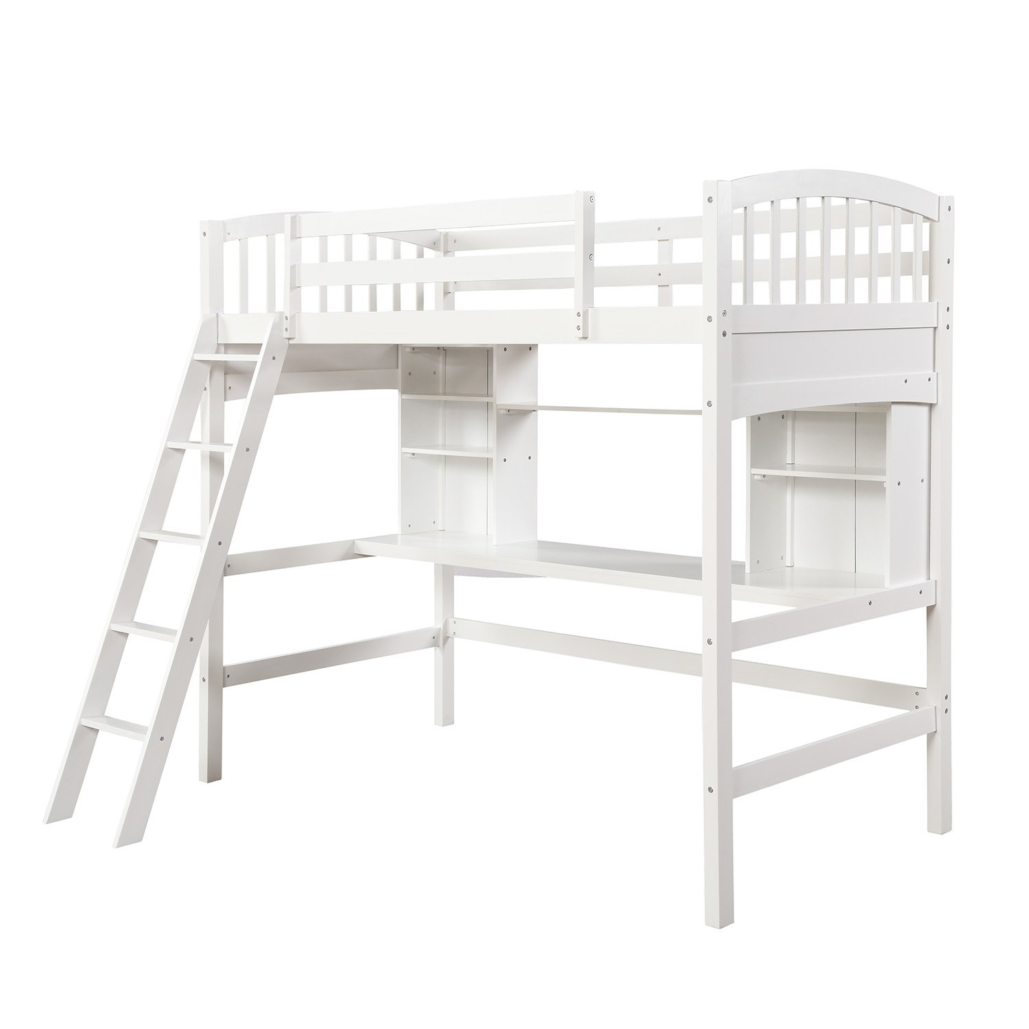 Twin Size Loft Bed With Storage Shelves, Desk And Ladder - White - Image 8