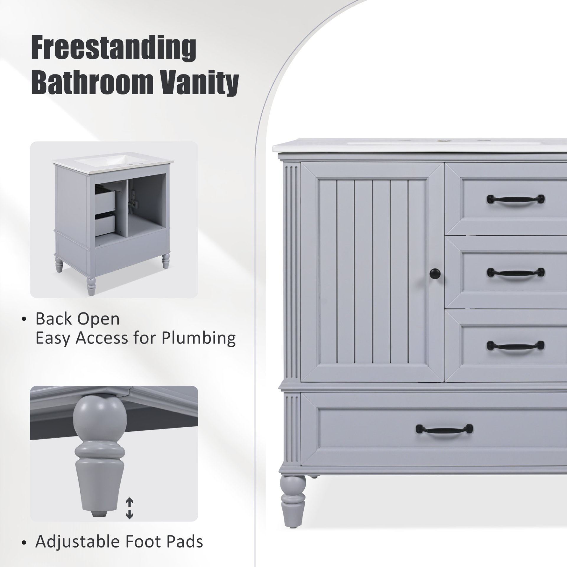30" Bathroom Vanity With Sink, Bathroom Cabinet With A Door, 3 Drawers Legs, Adiustable Foot Pads - Gray - Image 7