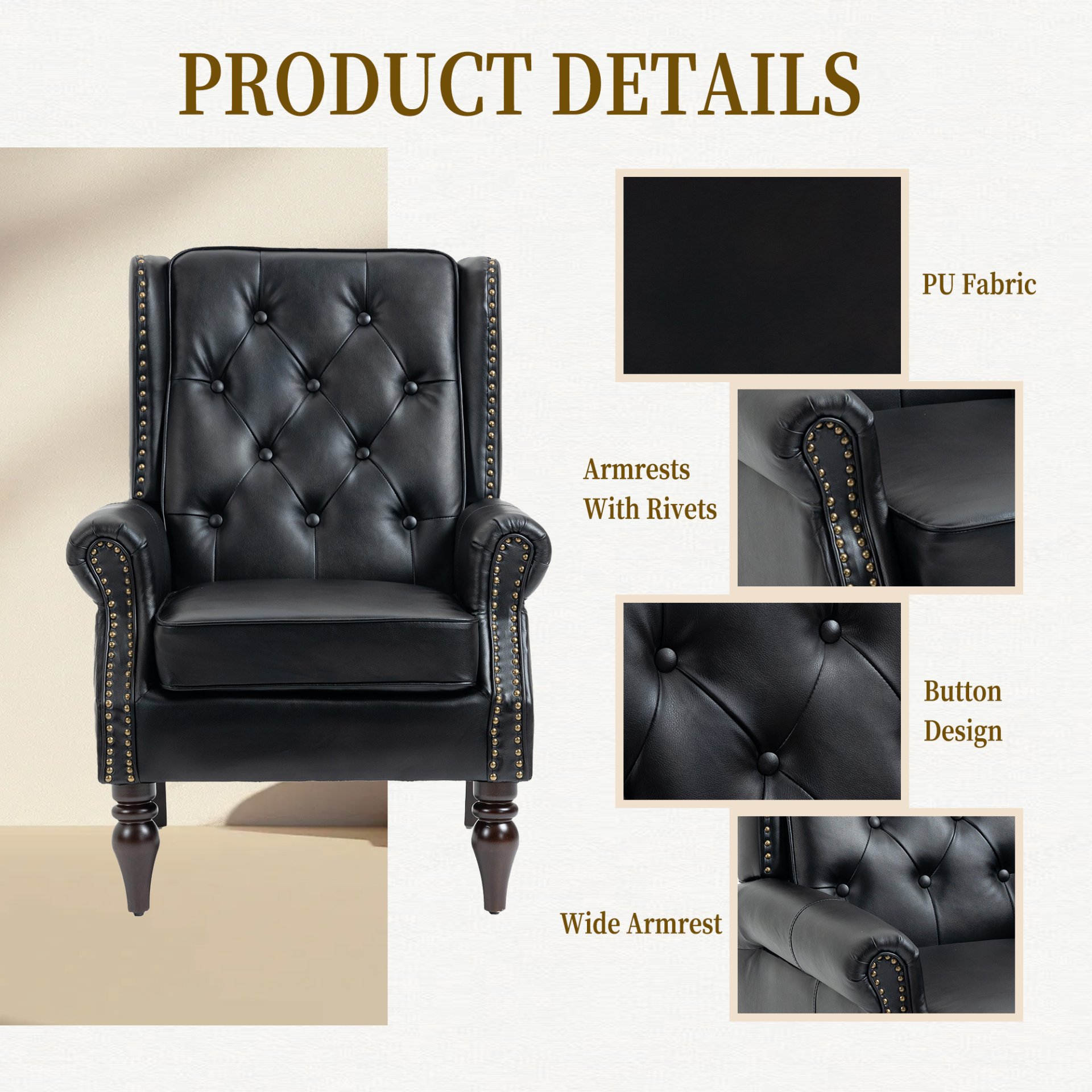 Modern Accent Armchair With Sturdy Wood Legs Leather For Living Room Or Bedroom - Black - Image 6