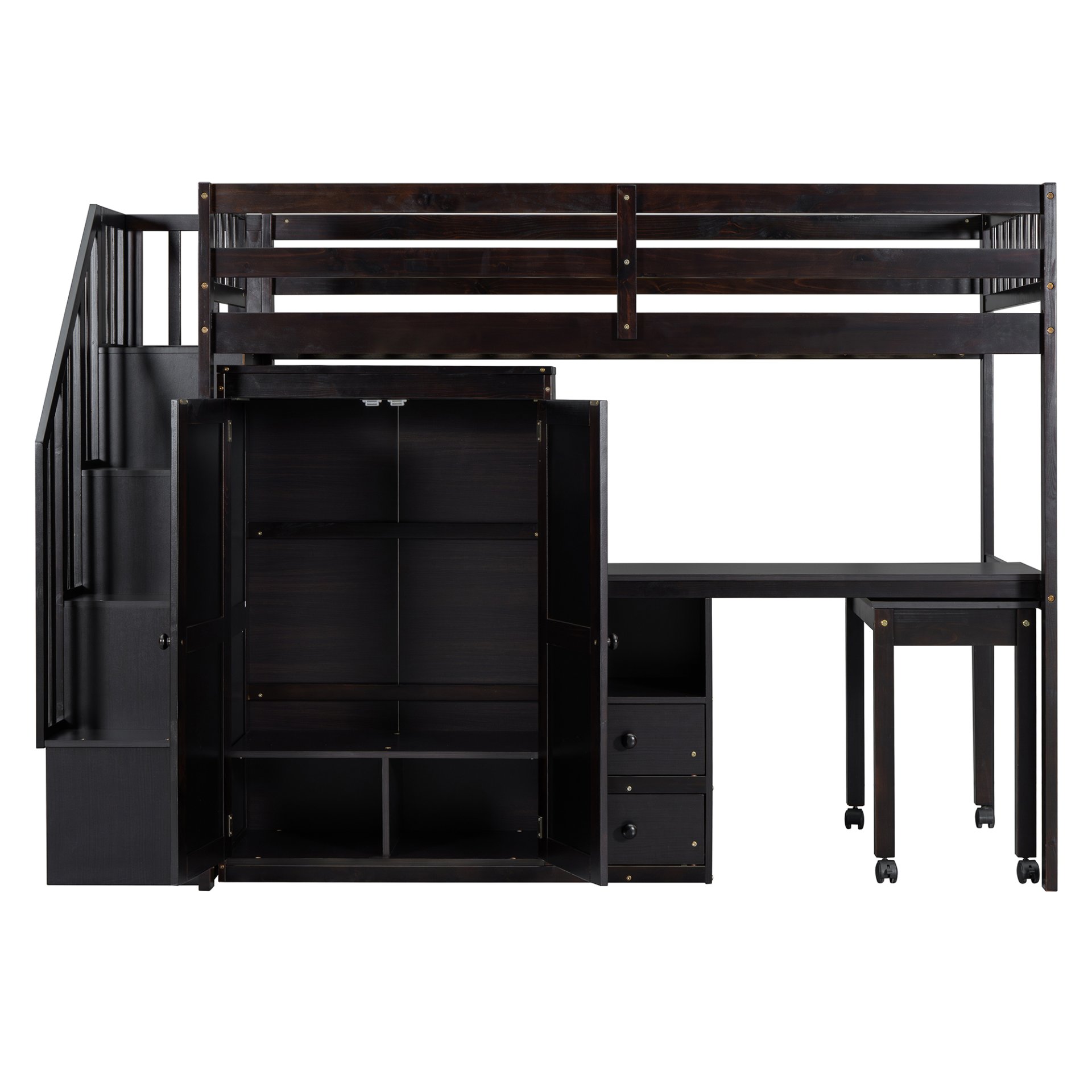 Twin Size Loft Bed With Stairs, Bookshelf, Drawers, Desk & Wardrobe, Space Saving Multifunctional Furniture - Espresso - Image 16