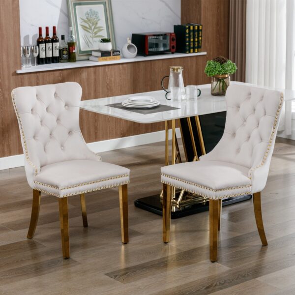 Nikki - Modern, High-End Tufted Solid Wood Contemporary Velvet Upholstered Dining Chair With Golden Stainless Steel Plating Legs, Nailhead Trim (Set of 2) - Beige / Gold