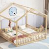Double Twin House-Style Floor Bed With Fence, Guardrails, Without Door - Natural - Image 10