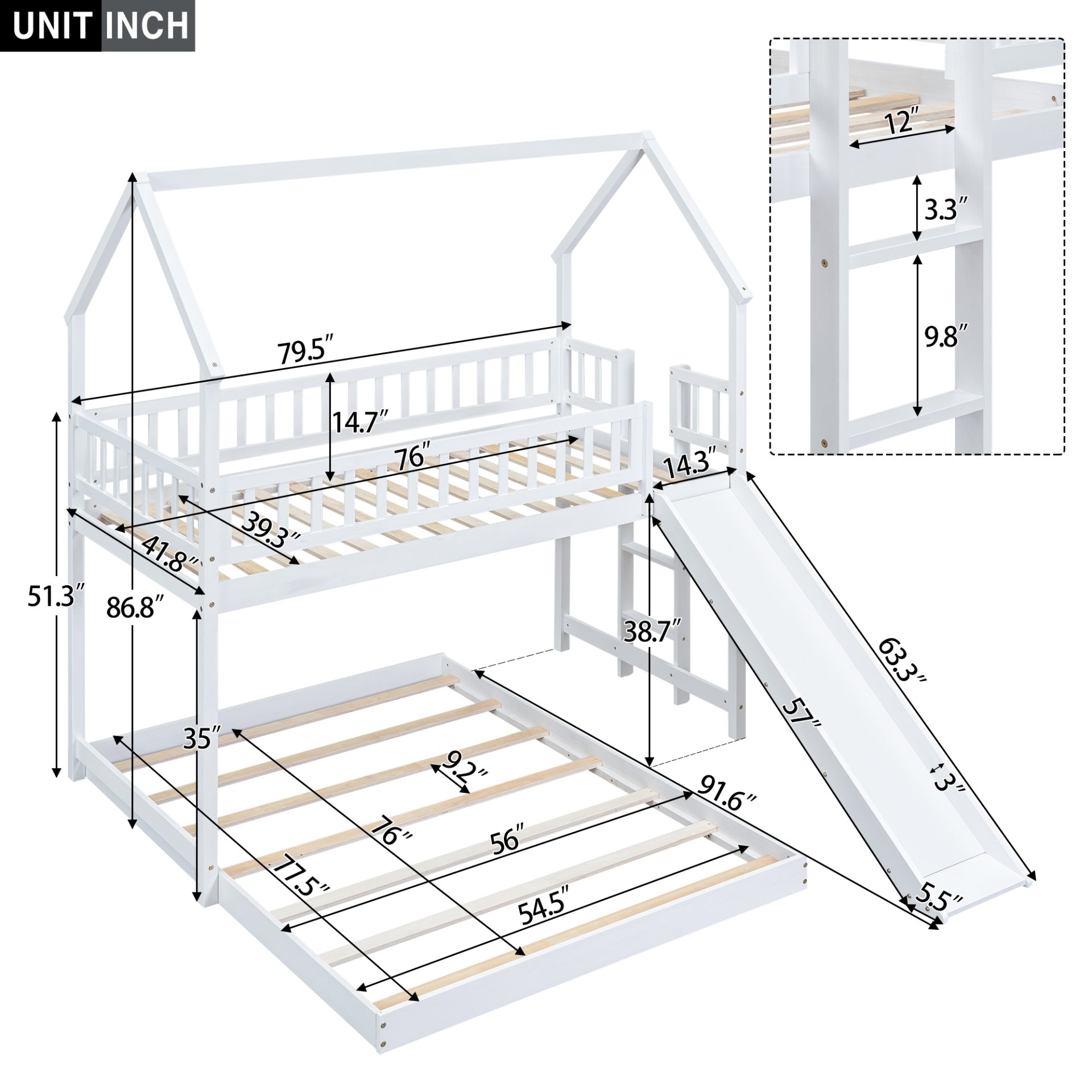 Hearth & Haven - Twin Over Full House Bunk Bed With Slide, Built In Ladder And Full Length Guardrail - White - Image 3