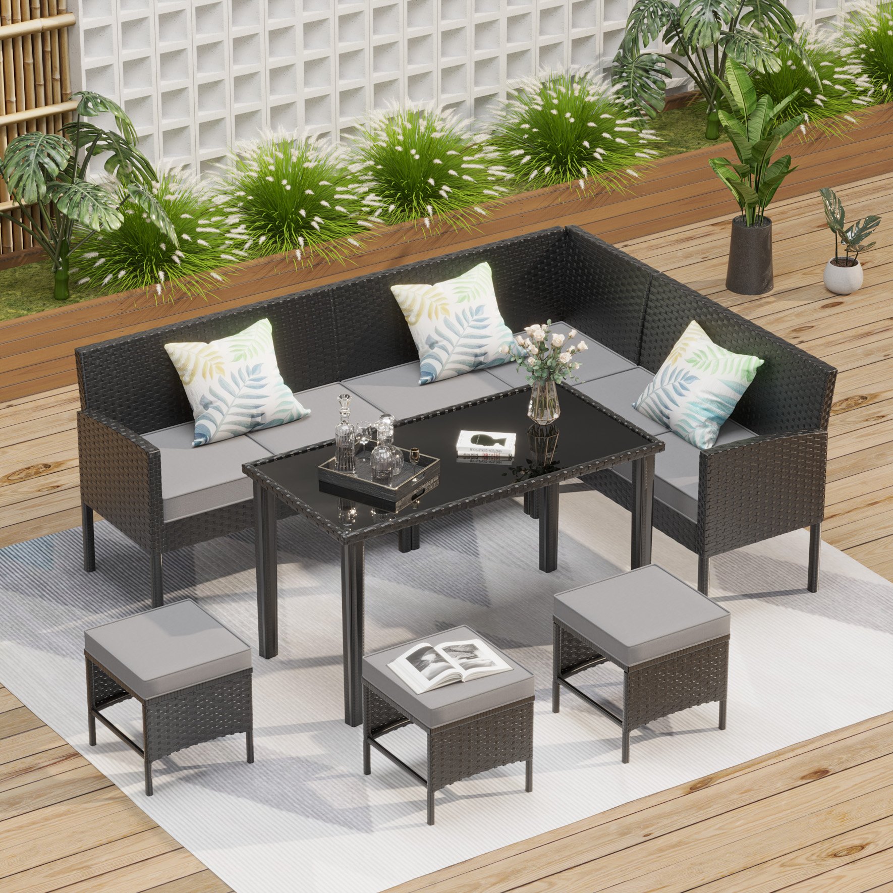 Modern Small Space Patio Furniture 7 Piece Outdoor Set With Waterproof Cushions - Blue / Gray - Image 2