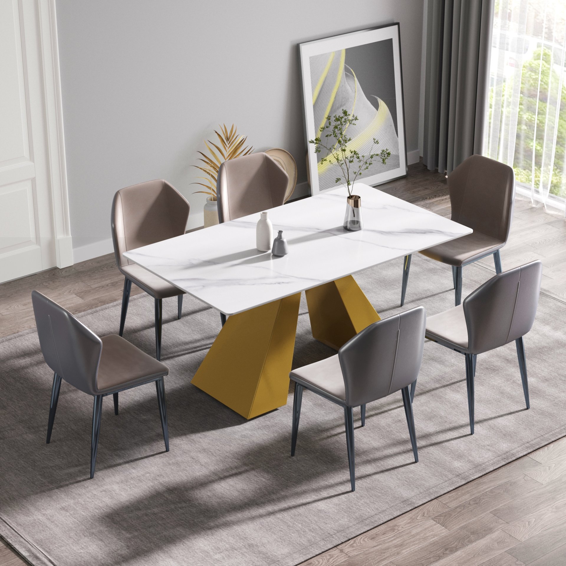 63" Modern Artificial Stone Straight Edge Golden Metal Leg Dining Table - White / Gold - Image 2