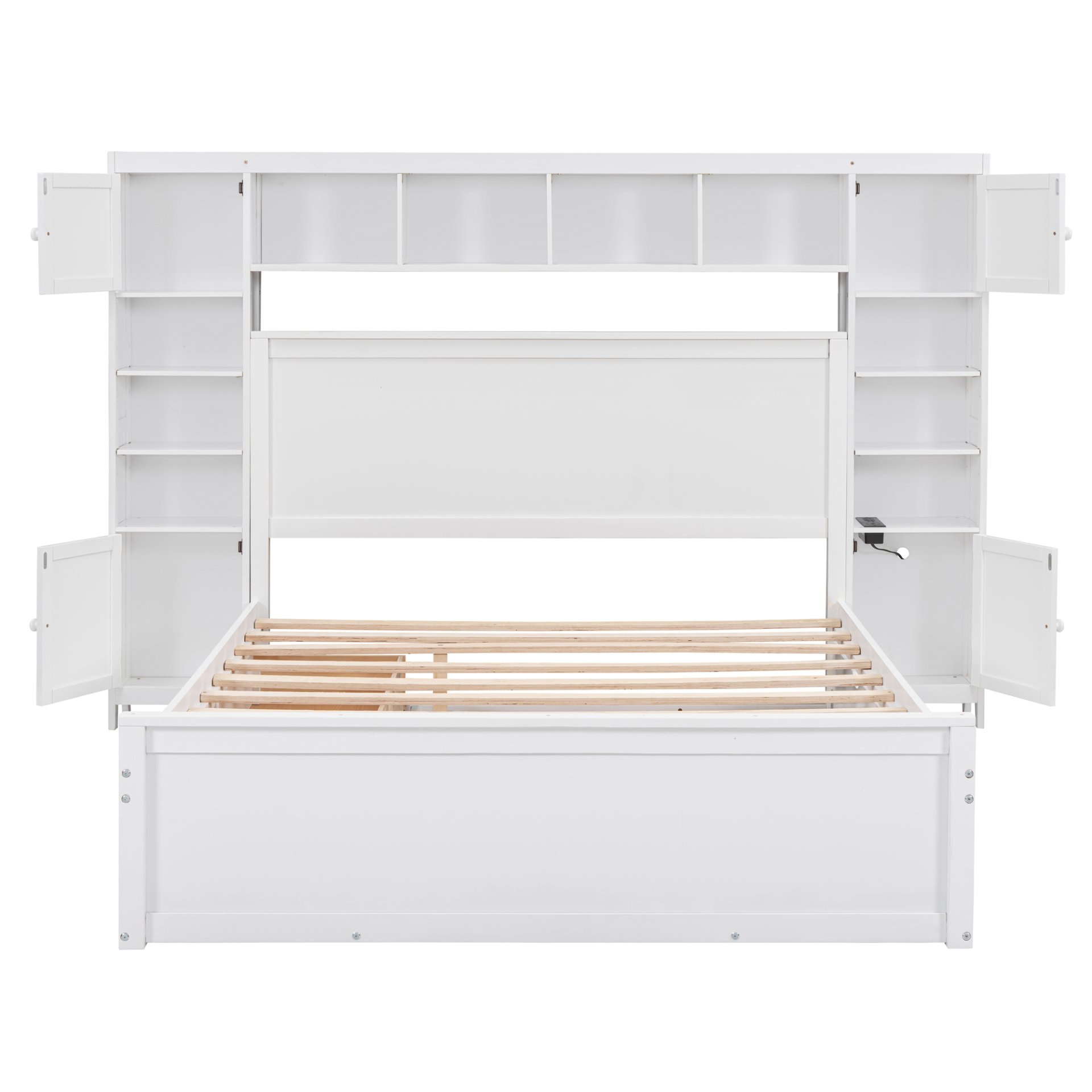 Queen Size Bed With All In One Cabinet, Shelf And Sockets, Twin Long Trundle - White - Image 7