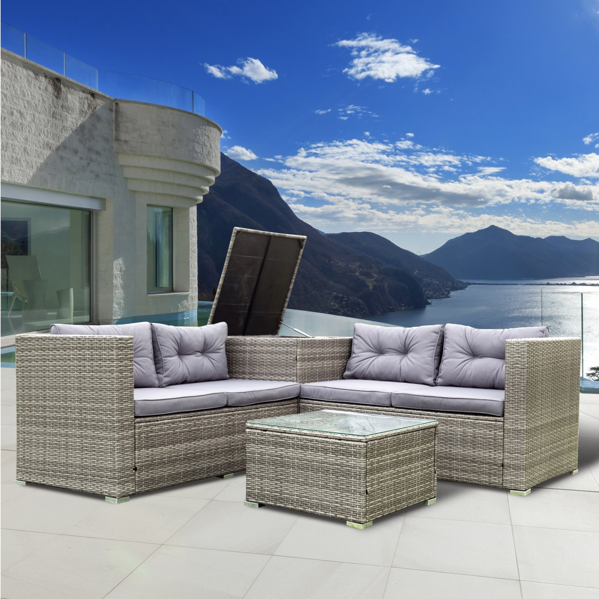 4 Piece Patio Sectional Wicker Rattan Outdoor Furniture Sofa Set With Storage Box - Gray - Image 18