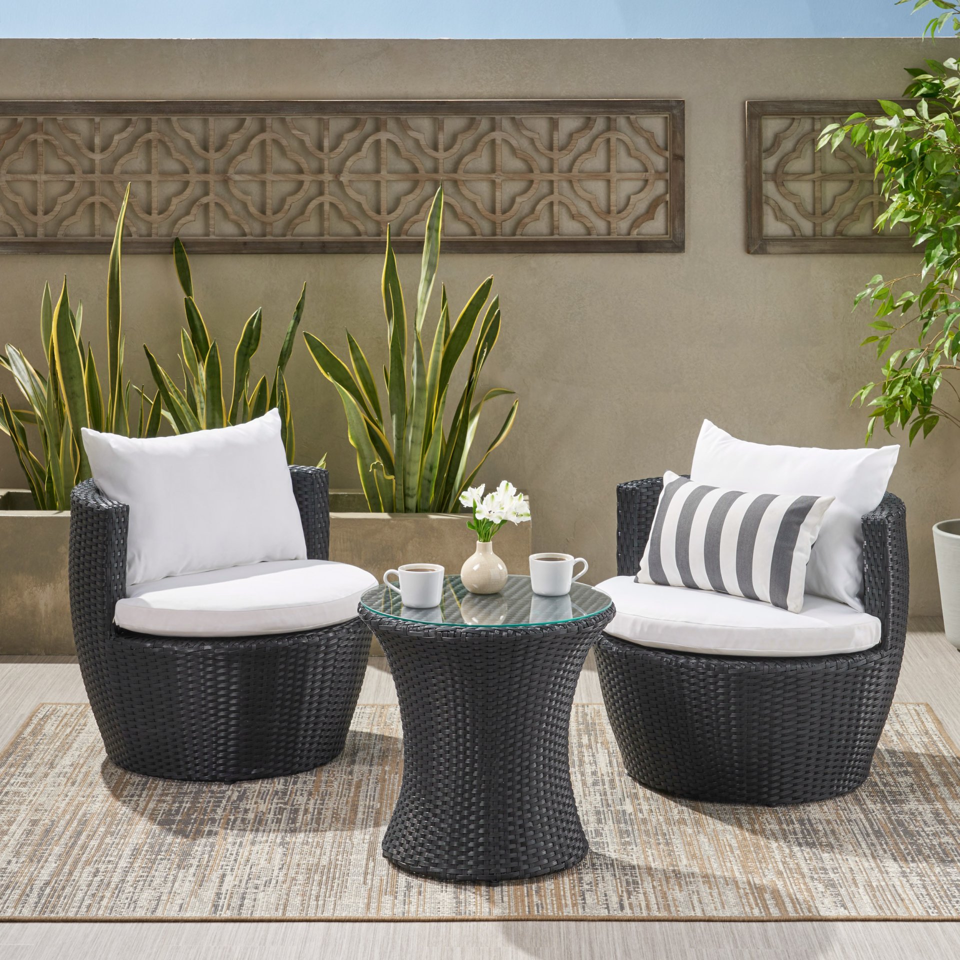Kono - Outdoor 3 Pieces Chat Set With Cushions And Tempered Glass Tabletop - Black / Ivory - Image 2