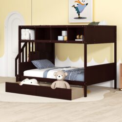 Twin Over Full Bunk Bed With Shelfs, Storage Staircase And 2 Drawers - Espresso