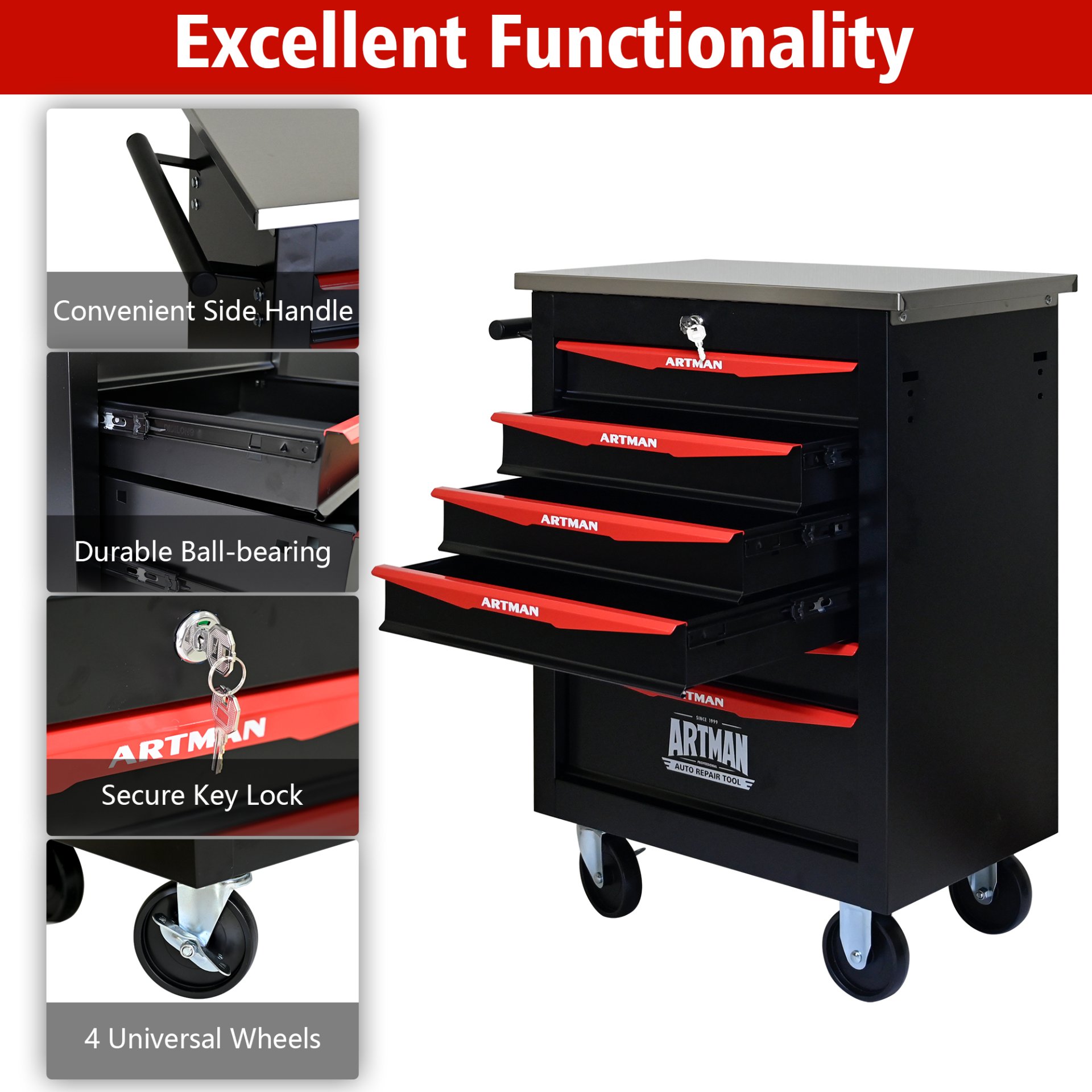 6 Drawer Multifunctional Tool Cart With Wheels, Metal Rolling Tool Cart Storage For Garage Workshop Warehouse Repair Shop With Stainless Steel Roof - Black / Red - Image 6