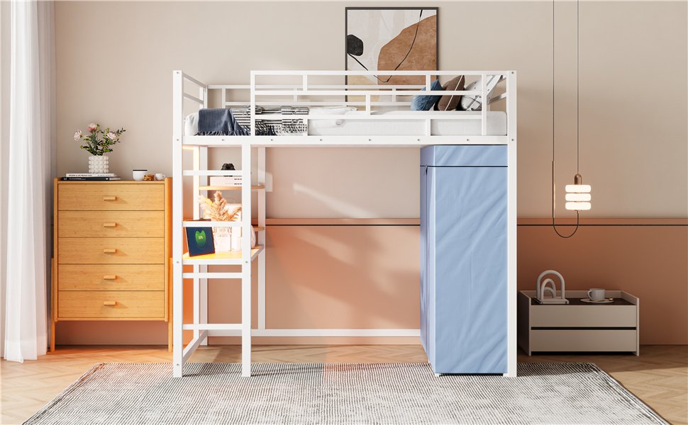 Twin Size Loft Bed With Desk, Shelves, Power Outlet, LED Light And Wardrobe - White - Image 26