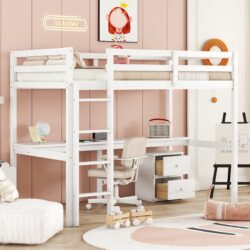 Twin Loft Wood Bed With Under-Bed, Built-In Desk, A Storage Cabinet Of 2 Drawers, Guardrails, Ladder - White