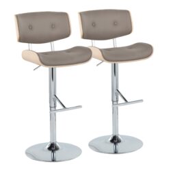 Lombardi - Contemporary Adjustable Barstool With Swivel With Straight T Footrest (Set of 2) - Chrome / Natural / Light Gray