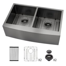 Double Bowl Sink Apron Front Kitchen Sink 16 Gauge & 2 Deep Basins - Gunmetal Black