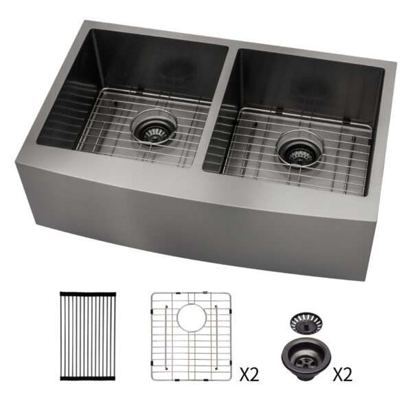 Double Bowl Sink Apron Front Kitchen Sink 16 Gauge & 2 Deep Basins - Gunmetal Black