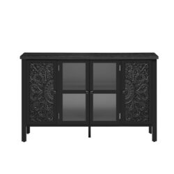 Retro TV Stand For TVs Up To 43", Entertainment Center Media Console Cabinet With 3 Spacious Cabinets, Glass Cabinet Doors And Anti-Tip Device For Living Room - Black