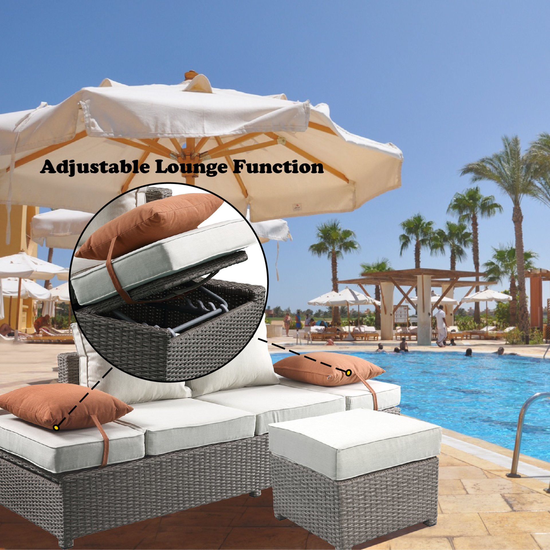 Salena - All Weather Wicker Patio Sofa & Ottoman With 2 Toss Pillows - Beige / Gray - Image 2