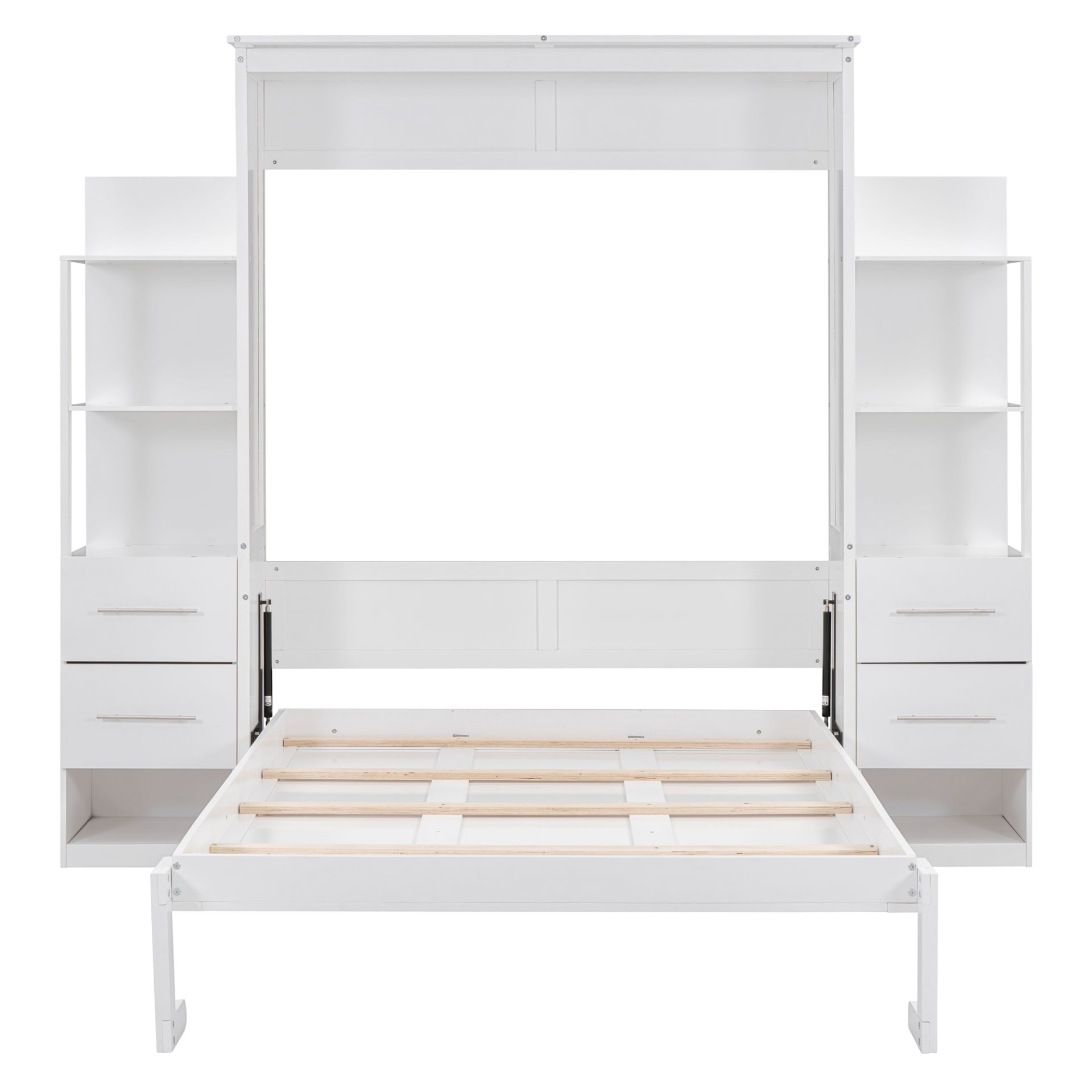 Full Size Murphy Wall Bed With Shelves, Drawers And LED Lights - White - Image 11
