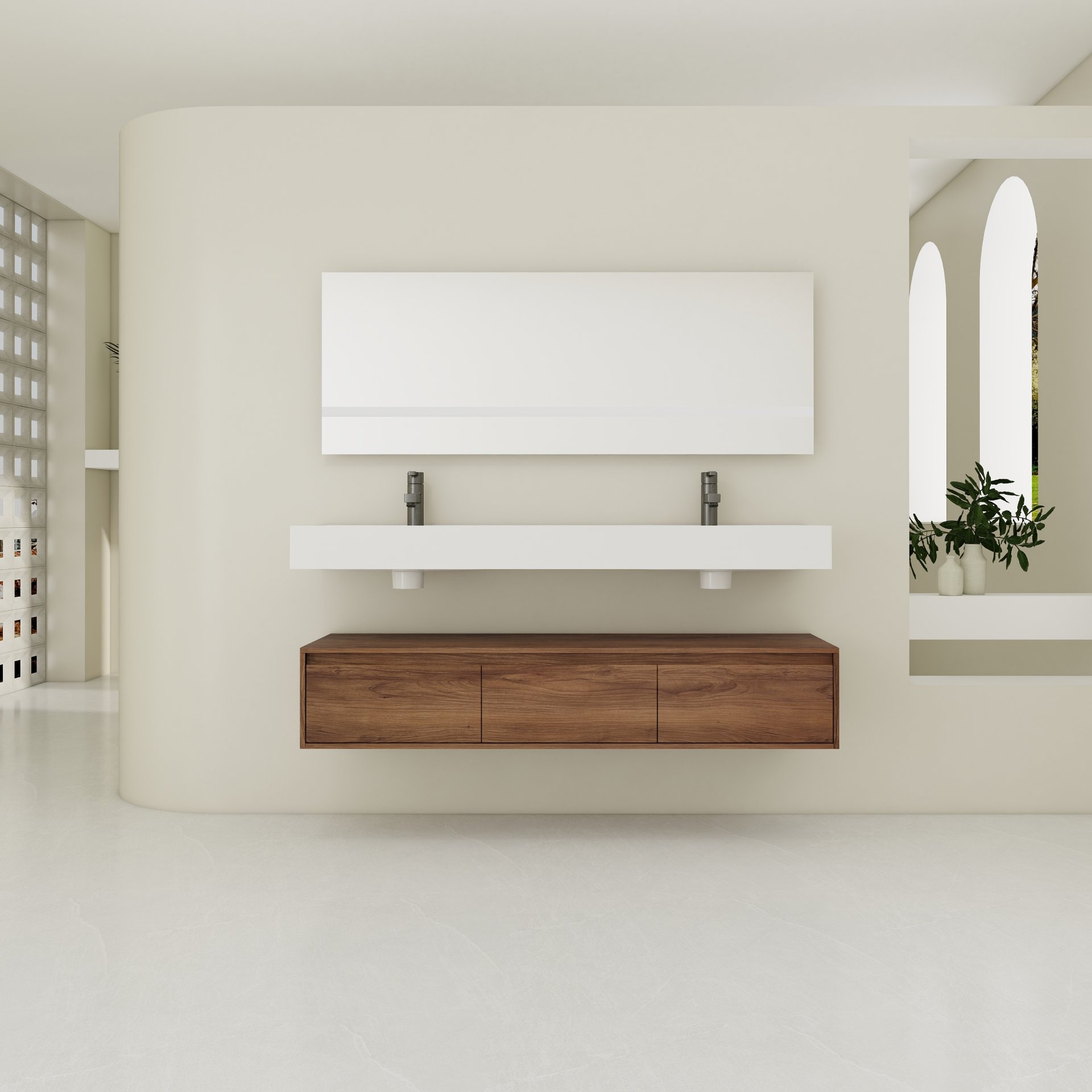 Modern Wall Mounted Bathroom Vanity With Dual Resin Sink And Soft Close Drawers - Brown Ebony - Image 2