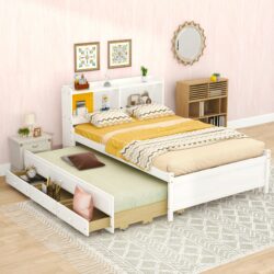 Full Size Bed With USB & Type-C Ports, LED Light, Bookcase Headboard, Trundle And 3 Storage Drawers, Bed With Bookcase Headboard, Trundle And Storage Drawers - White