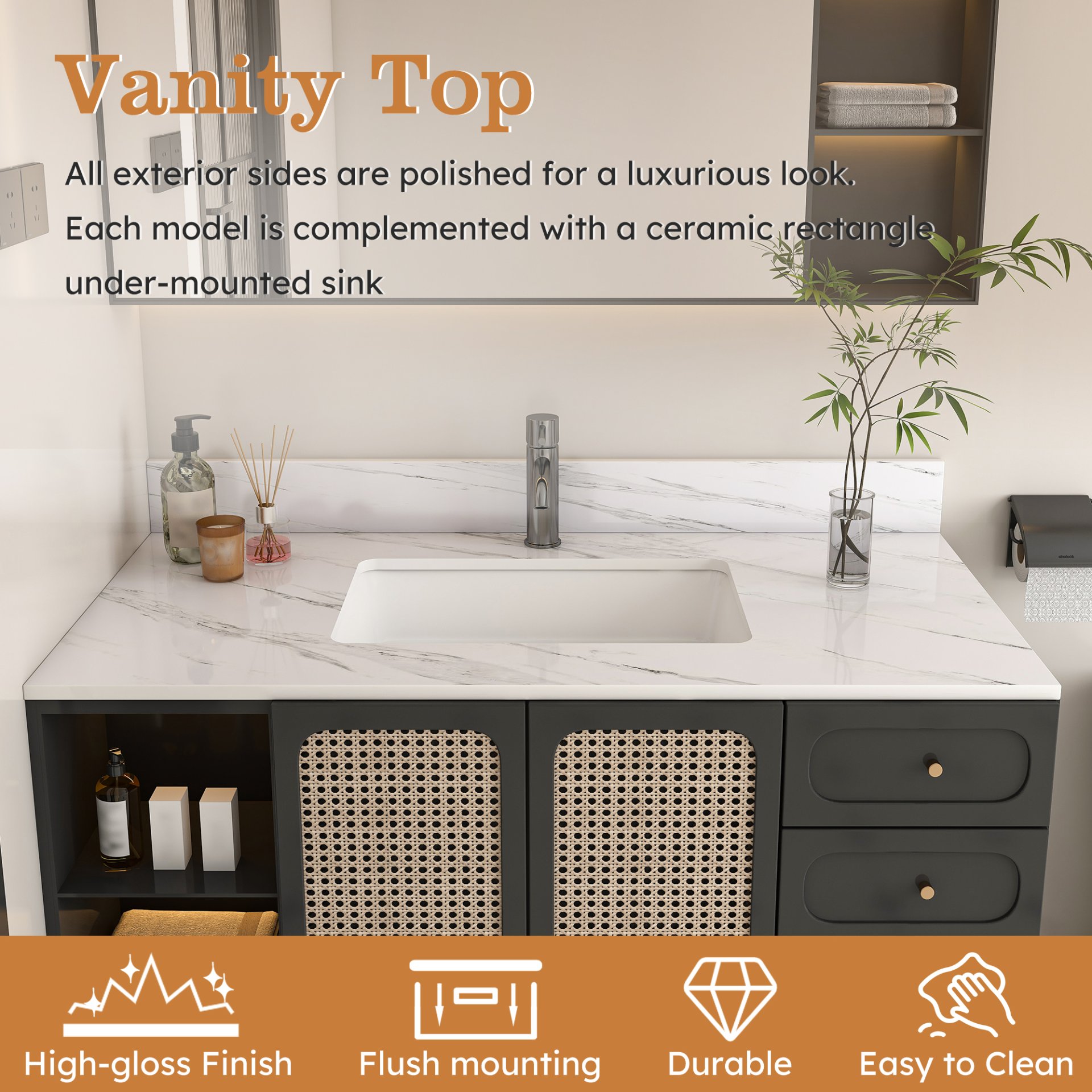 Elegant Marble Vanity Top, 43" Bathroom Vanity With Undermount Sink Sintered Stone, Bianco Carrara Venato - White - Image 10