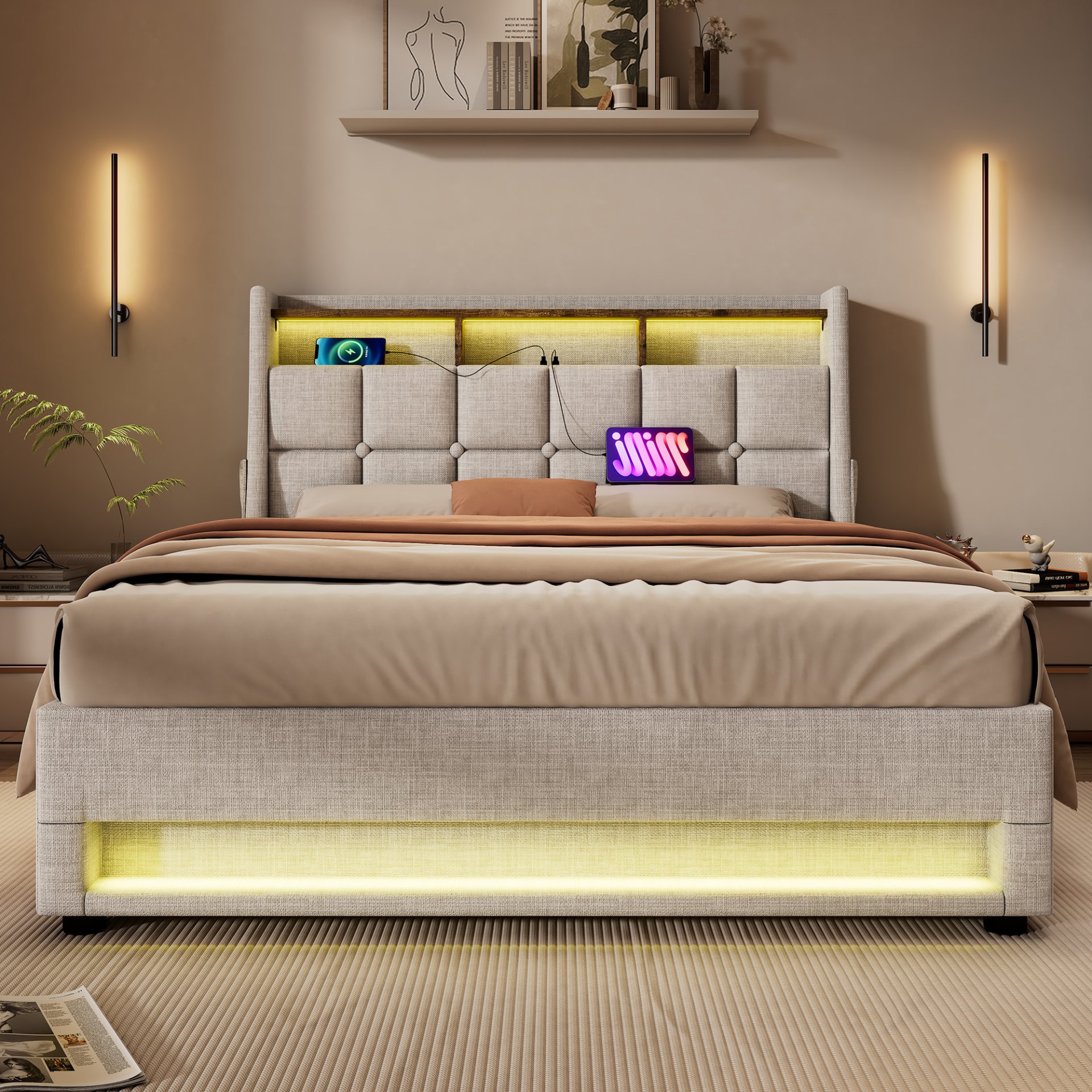 Queen Size Upholstered Platform Bed With A Hydraulic Storage System, LED And USB Charging (Without Mattress) - Natural - Image 27