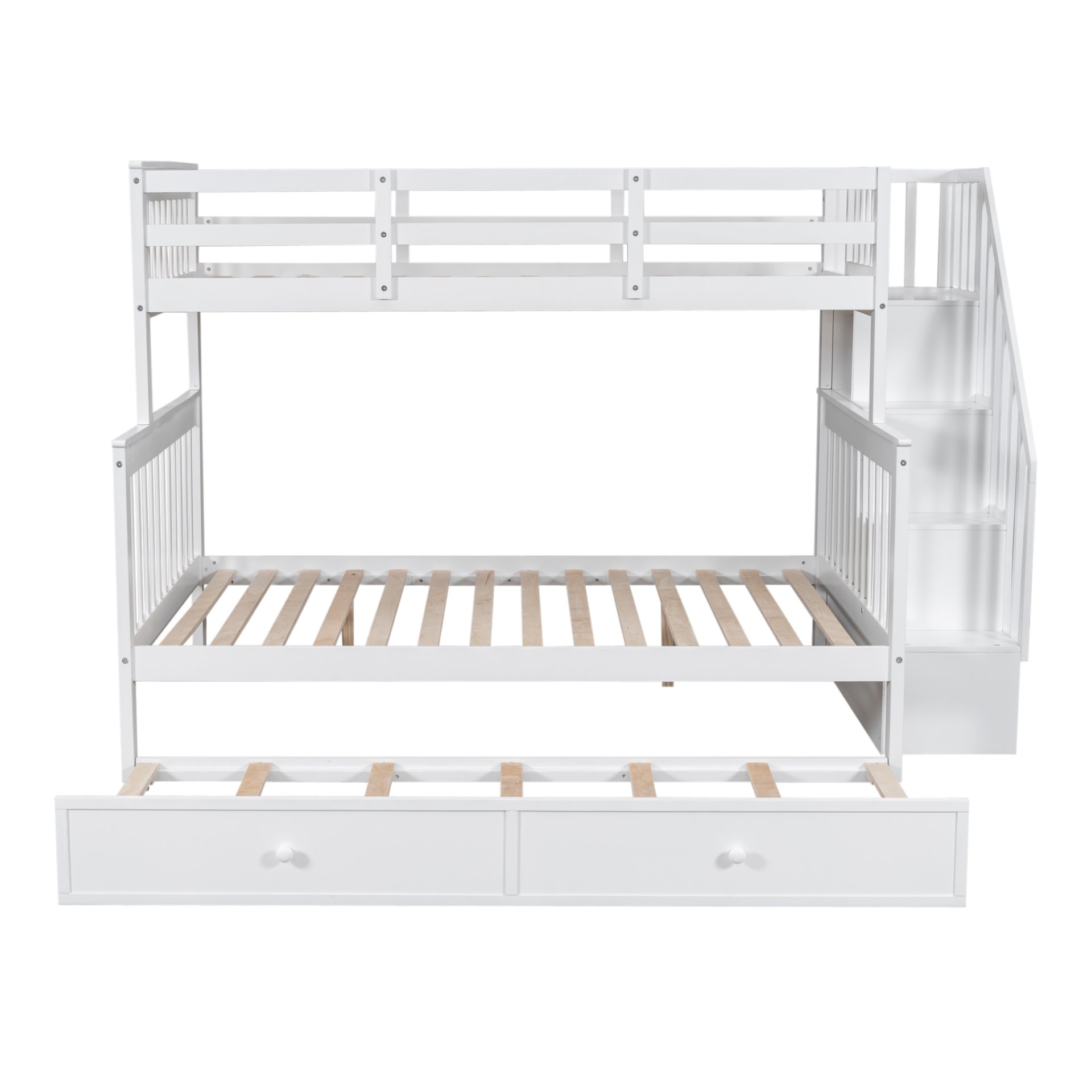 Twin Over Full Bunk Bed With Twin Size Trundle, Storage And Guard Rail For Bedroom - White - Image 5
