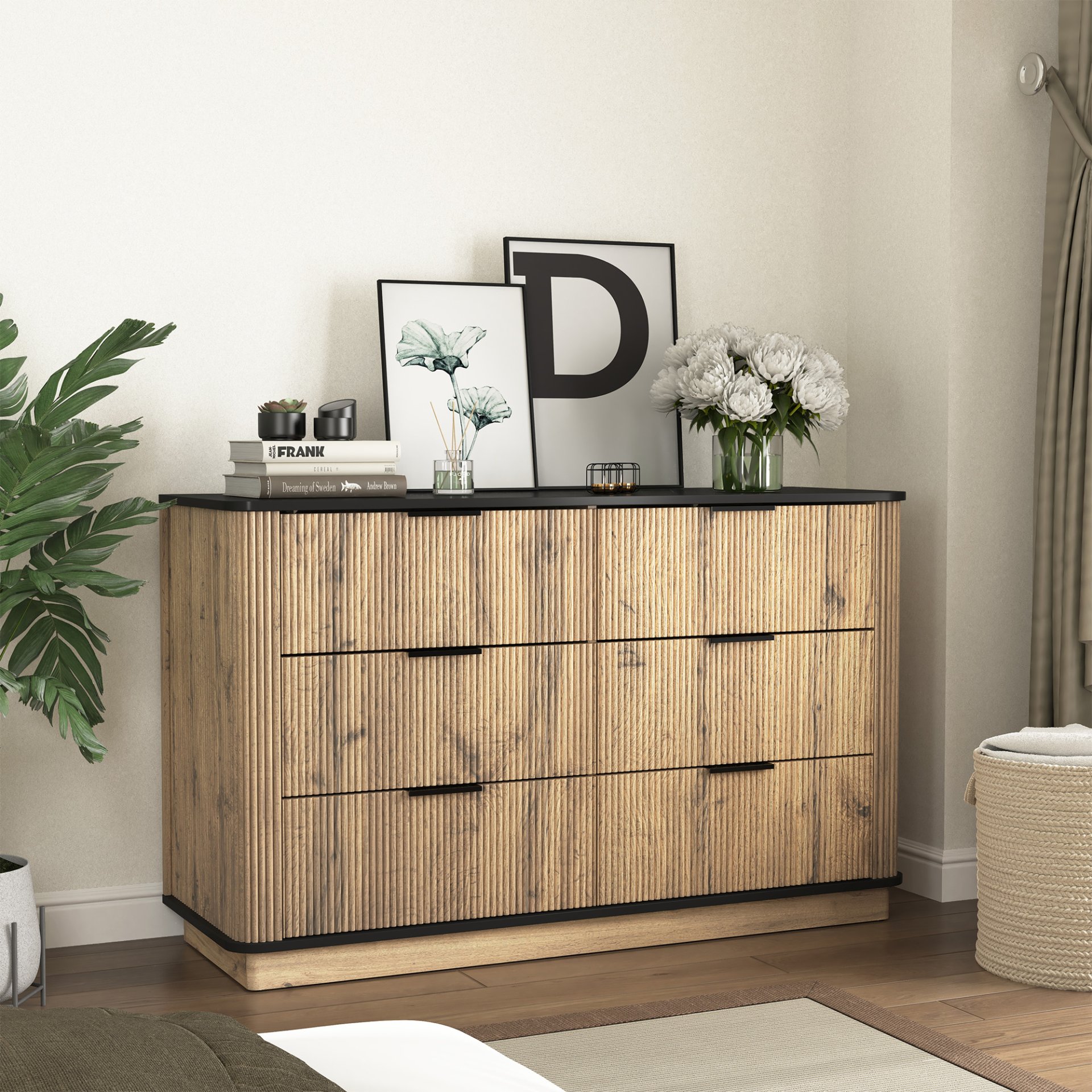 Modern 6 Drawer Cabinet With Metal Rounded Corners And Exquisite Handles Multi Functional Storage - Natural Wood - Image 2