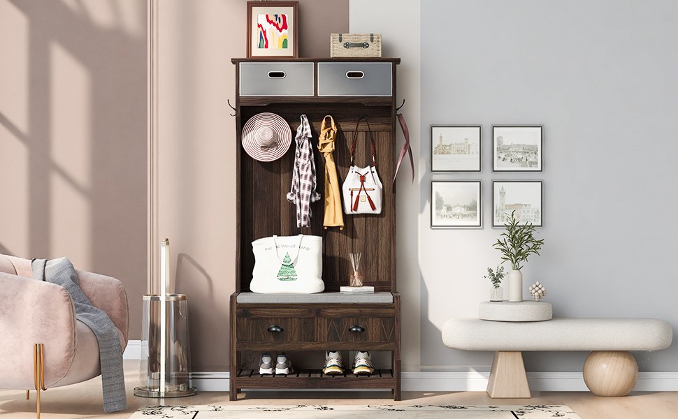 Hall Tree With 6 Hooks And Hinged Lid, Coat Hanger, Entryway Bench, Storage Bench, 3 In 1 Design, For Entrance, Hallway - Brown - Image 5