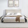 Modern Queen Size Cushioned Bed Frame With Headboard And Storage Drawers Foam Upholstery - Beige - Image 5