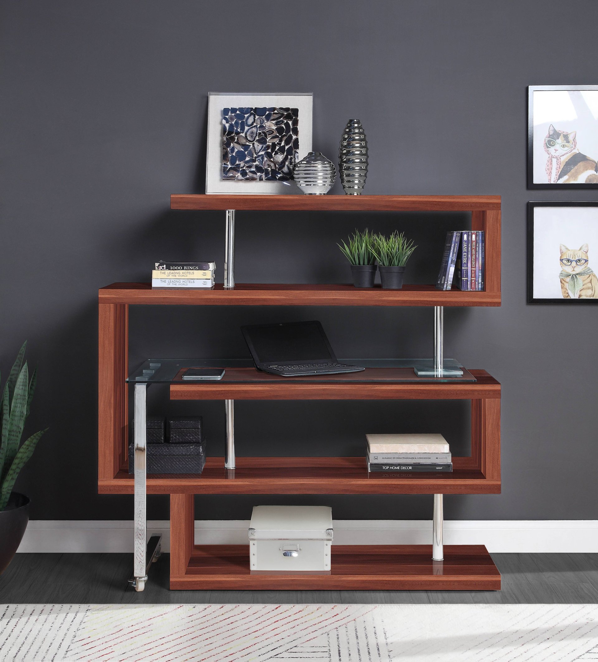 Buck II - Clear Glass, Chrome High Gloss Writing Desk With Shelf - Walnut - Image 5