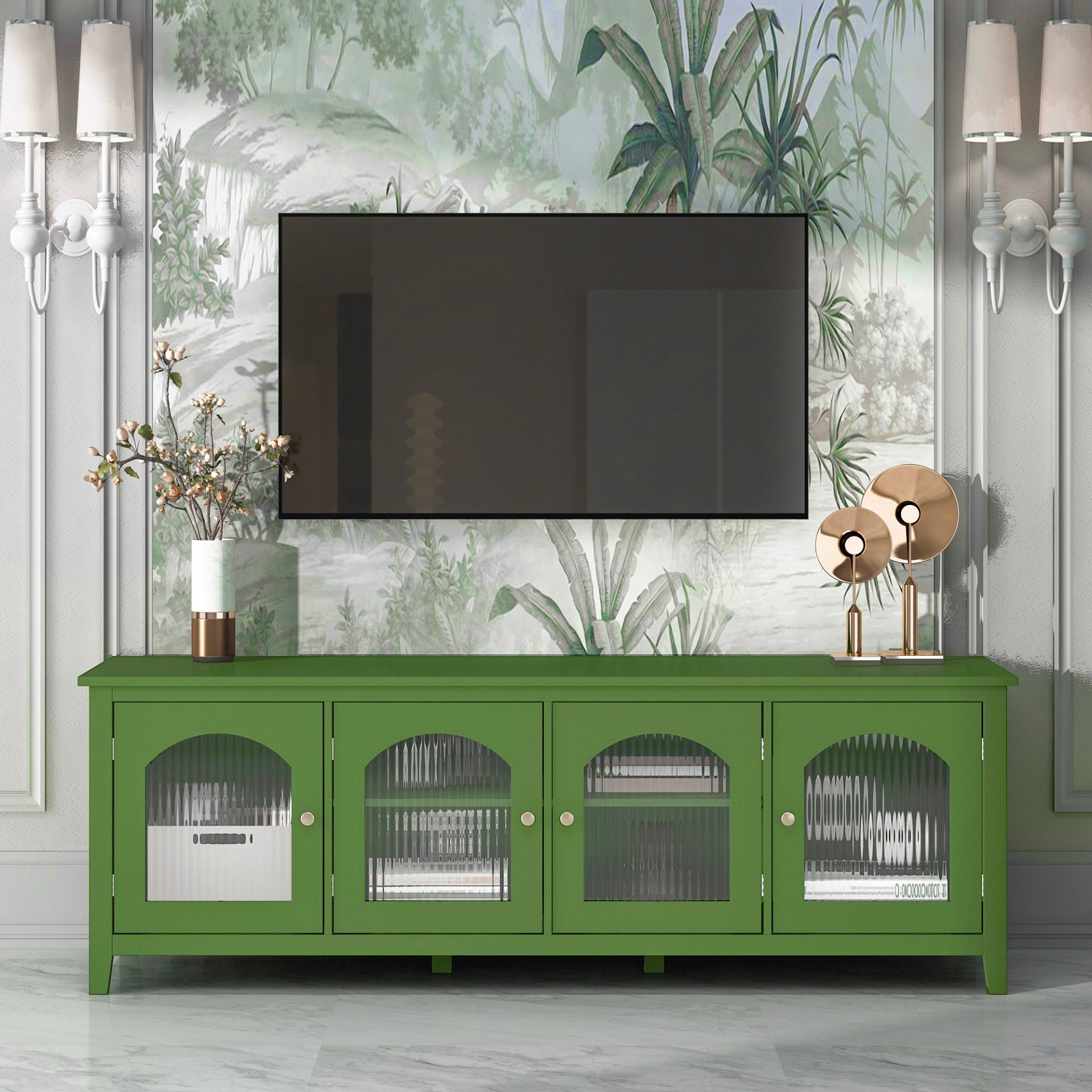 Stylish TV Cabinet, Entertainment CenterTV Stand, TVconsoletable, Media Console, Solidwood Frame, Changhong Glass Door, Metal Handle - Antique Green - Image 2