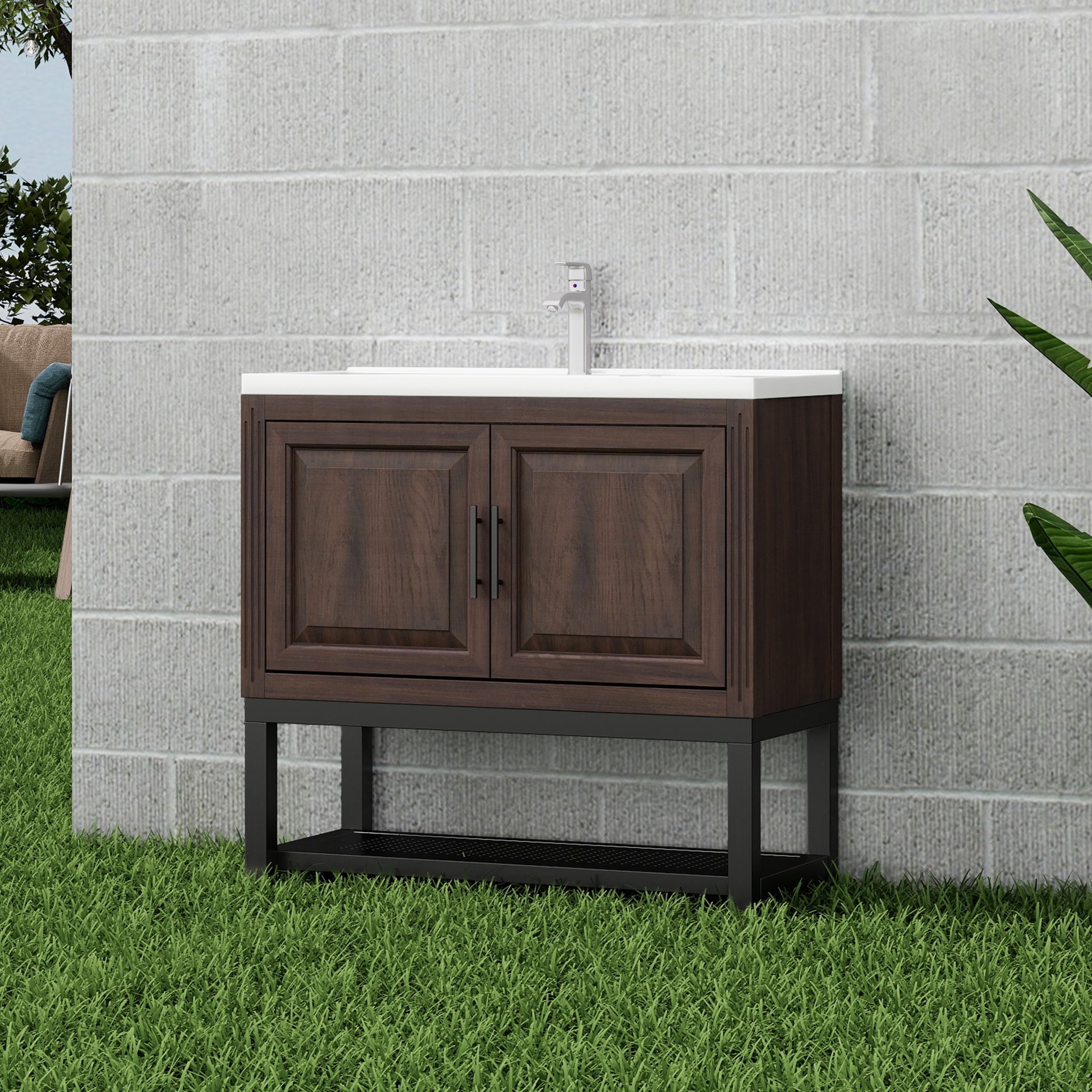 Modern Freestanding 36" Bathroom Vanity With Ceramic Sink, Hot And Cold Faucet, 2 Door Cabinet & Open Iron Shelf - Walnut - Image 4