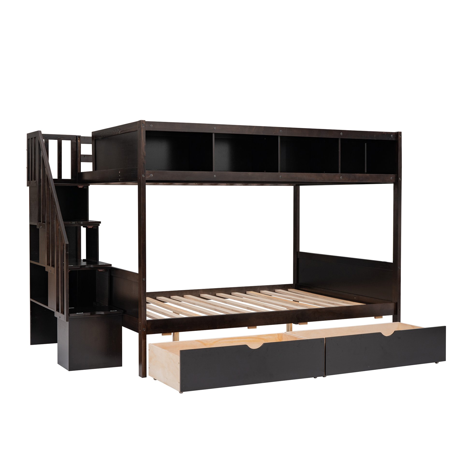 Twin Over Full Bunk Bed With Shelfs, Storage Staircase And 2 Drawers - Espresso - Image 4