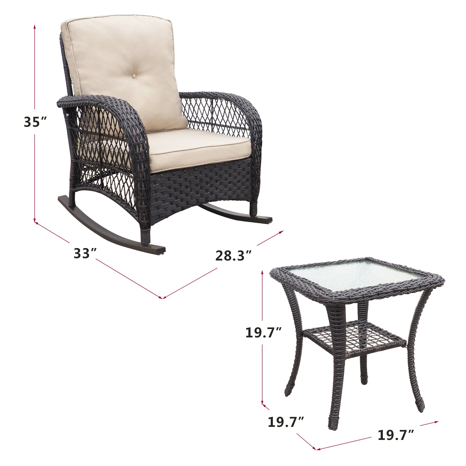 3 Pieces Conversation Set, Outdoor Wicker Rocker Patio Bistro Set, Rocking Chair With Glass Top Side Table - Brown / Beige - Image 2
