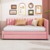 Upholstered Daybed With Trundle Twin Size Sofa Bed Frame No Box Spring Needed, Linen - Pink - Image 12
