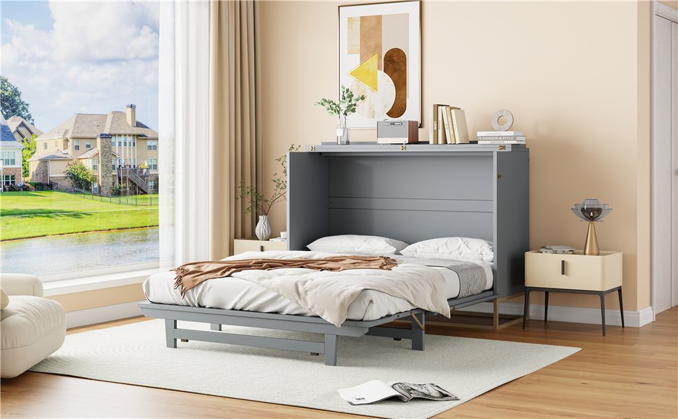 Queen Murphy Bed With Frosted Glass Doors Design, Fake Drawers, Metal Legs - Gray - Image 4