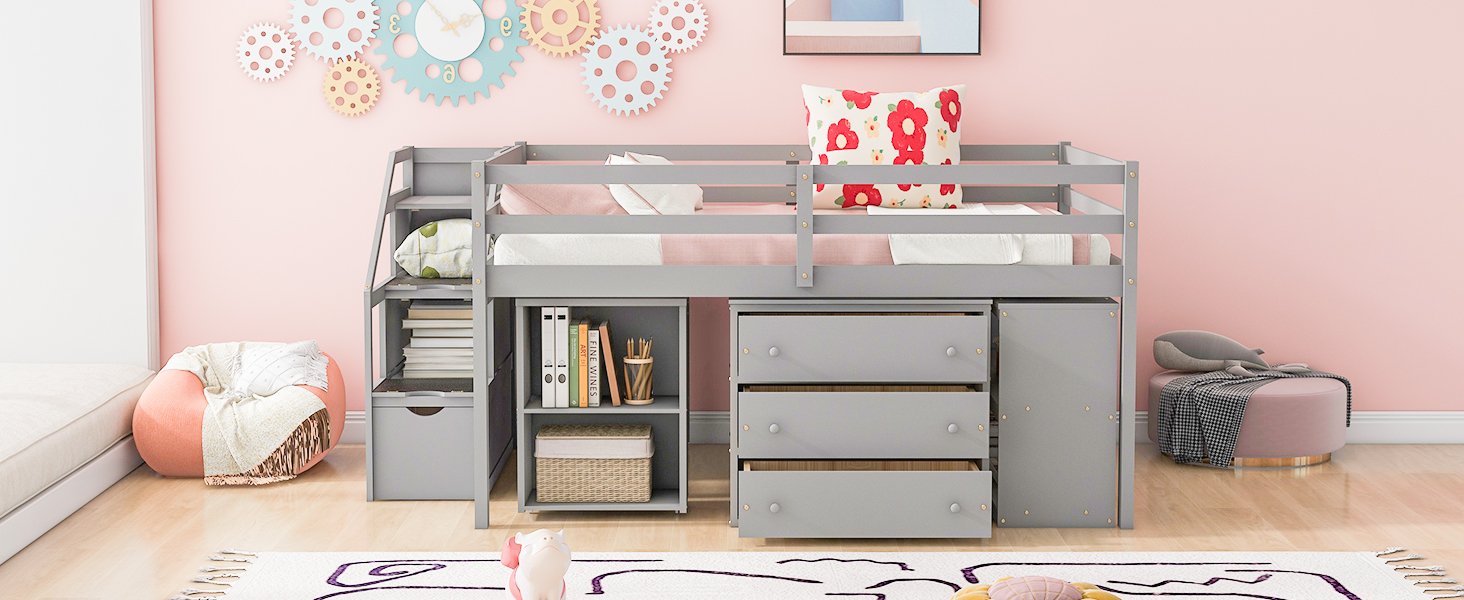 Full Size Loft Bed With Retractable Writing Desk And 3 Drawers With Storage Stairs And Shelves - Gray - Image 22