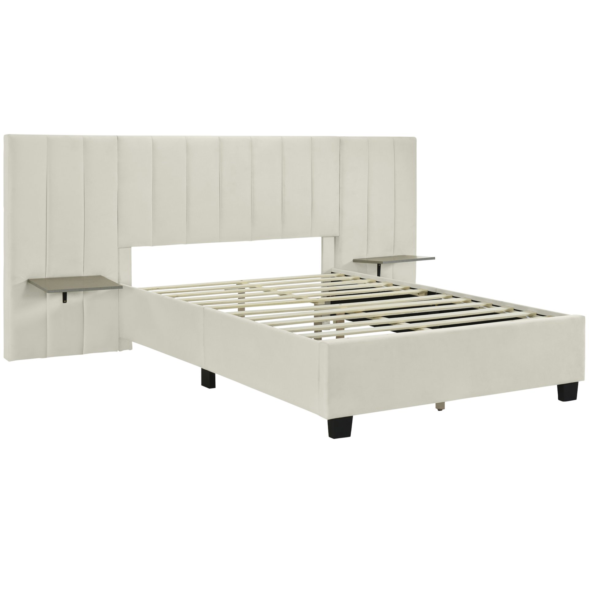 Full Size Upholstered Platform Bed With Big Headboard - Beige - Image 3
