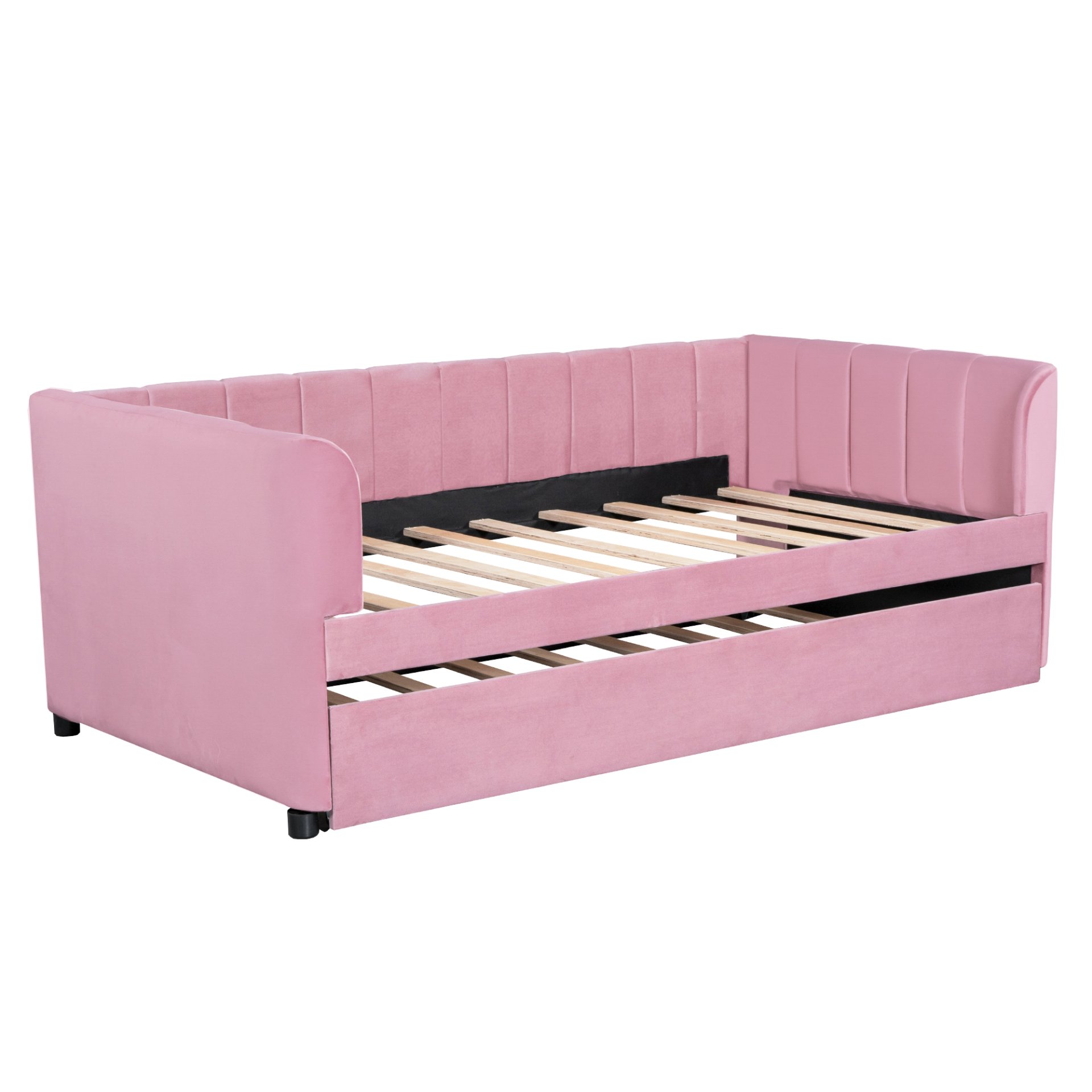 Twin Size Upholstered Daybed With Ergonomic Design Backrest And Trundle - Pink - Image 5