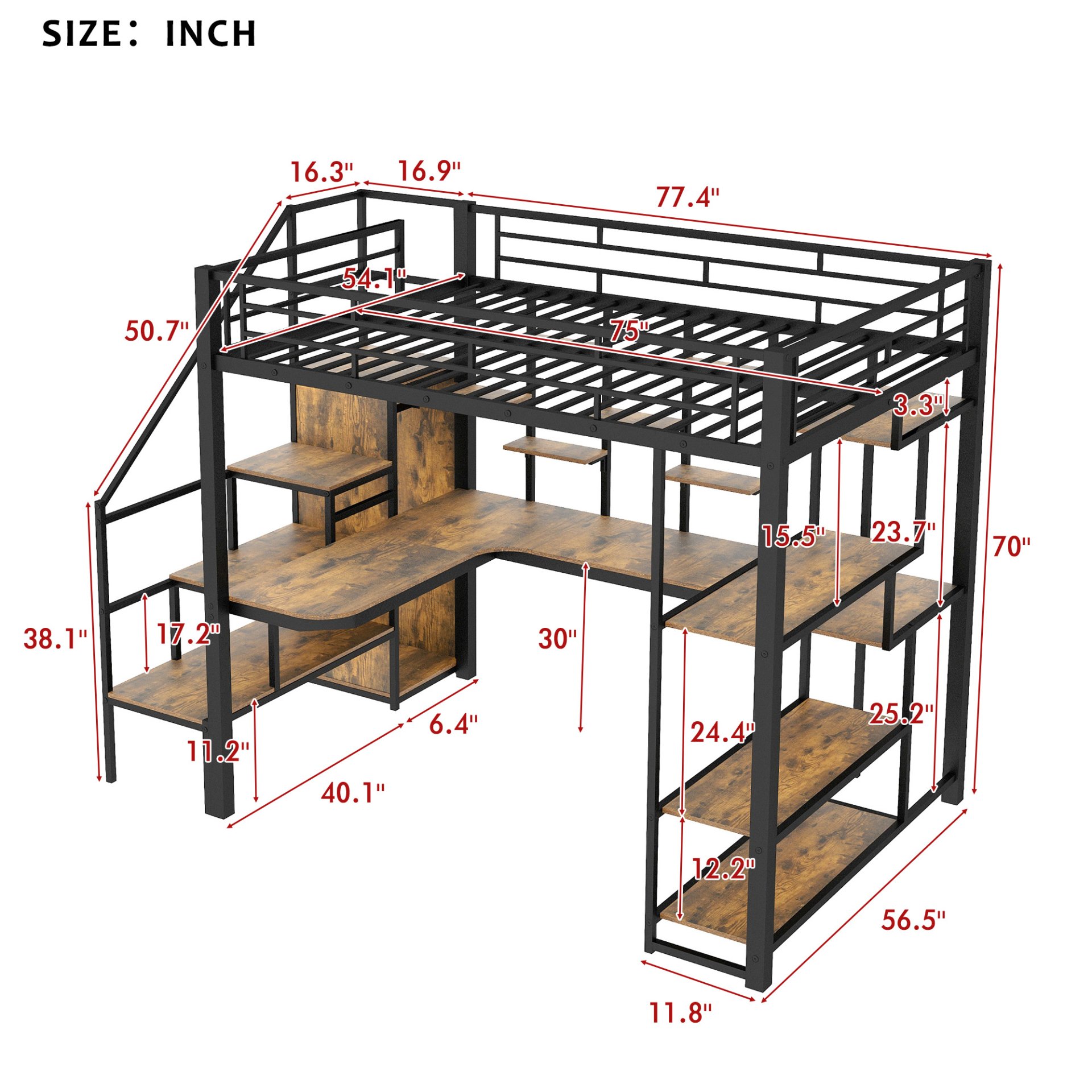 Full Size Metal Loft Bed With Storage Staircase And Small Wardrobe, Built - In Desk And Storage Shelves - Black - Image 3